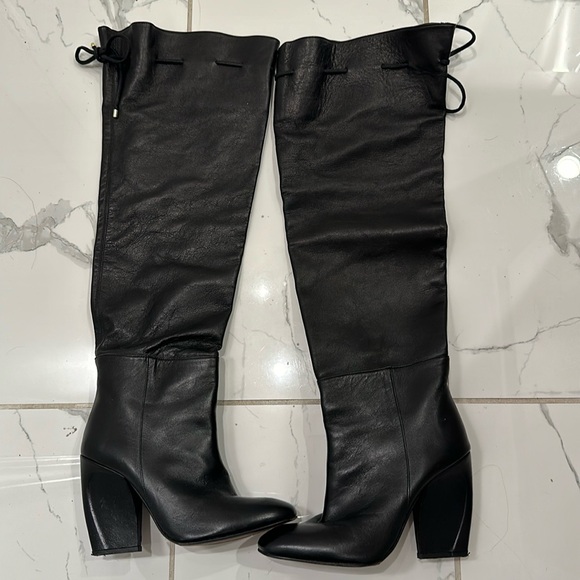 Maria Brotons Black Leather Over The Knee Tall Wedge Boots, - Picture 1 of 3